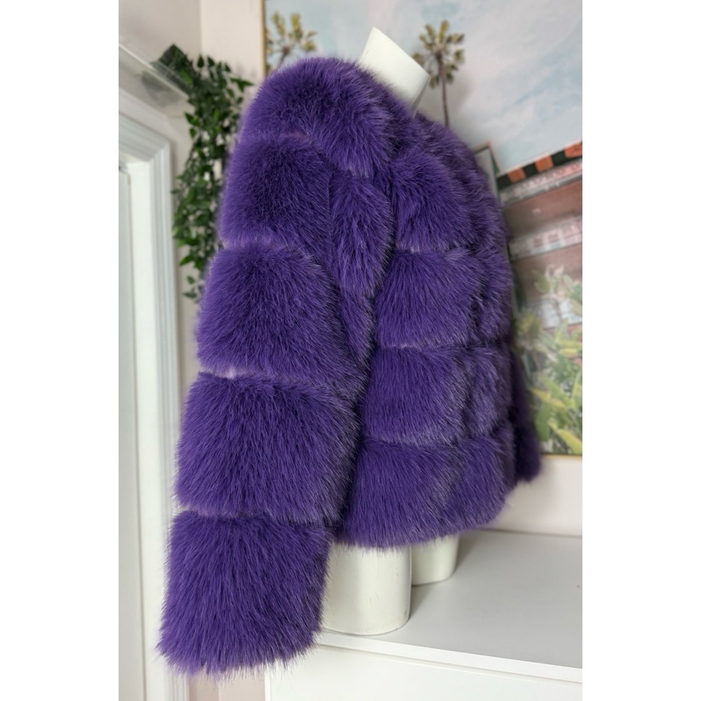 Gini London Purple Faux Fur Coat M/L Cropped Jacket Plush Tiered Lined - Picture 8 of 11